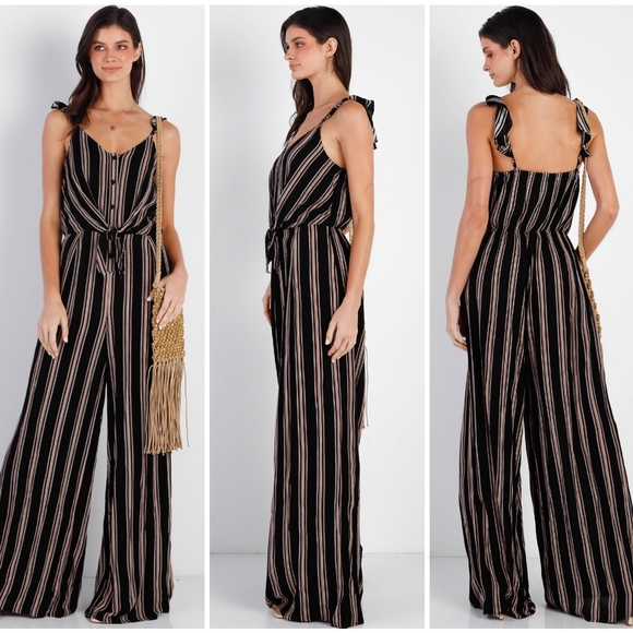 SUGAR+LIPS Boho Chic Black Striped Front Knot Relaxed Fit Jumpsuit - Picture 2 of 5